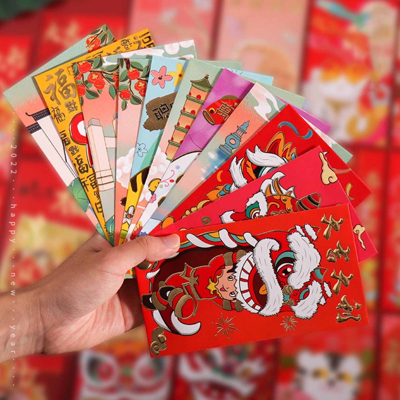 Set 5 bao lì xì năm mới 2022 màu đỏ phong cách truyền thống Trung Hoa