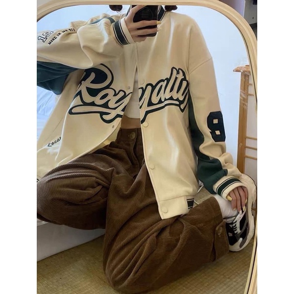 Áo Khoác Bomber Unisex, Áo Bomber Bóng Chày Royalty Form Rộng Chất Gió Và Kaki