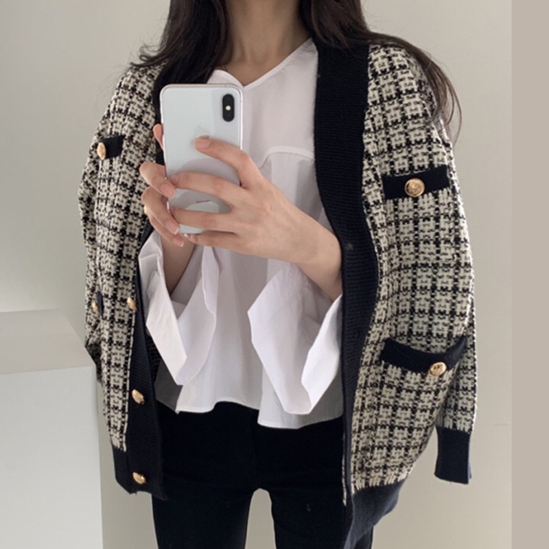 Áo khoác len dài tay họa tiết ca rô phong cách Hàn Quốc cho nữ