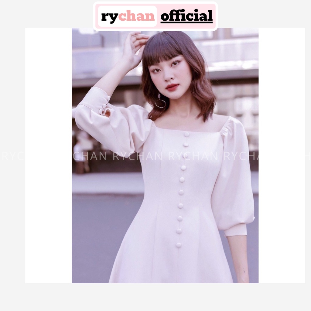 Đầm Trắng Xòe Cổ Vuông Nút Bọc Tay Lở Lót Trong Dày Dặn - DX964