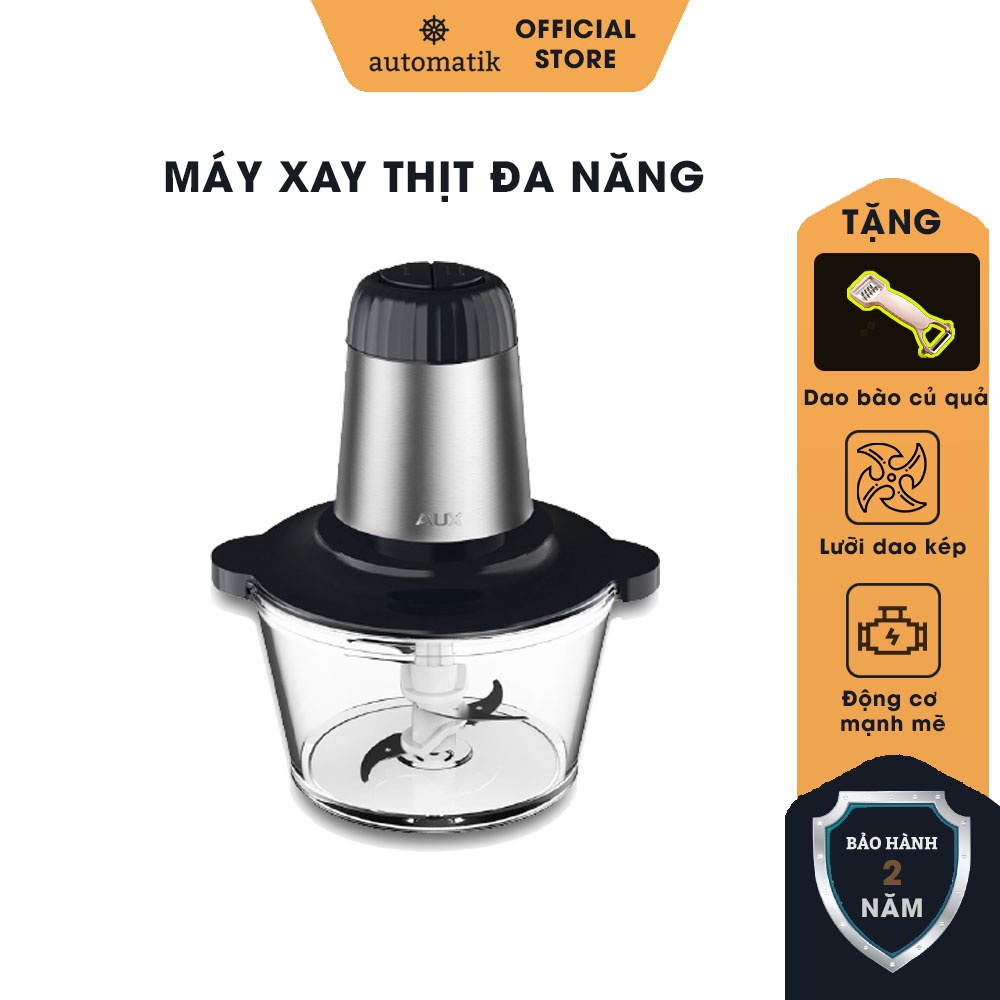 Máy Xay Thịt Cá Thủy Tinh 2 Lưỡi Dao Kép, Cối Xay Thịt Gia Đình 2L AUX + Tặng Dao Bào Củ Quả - Automatik