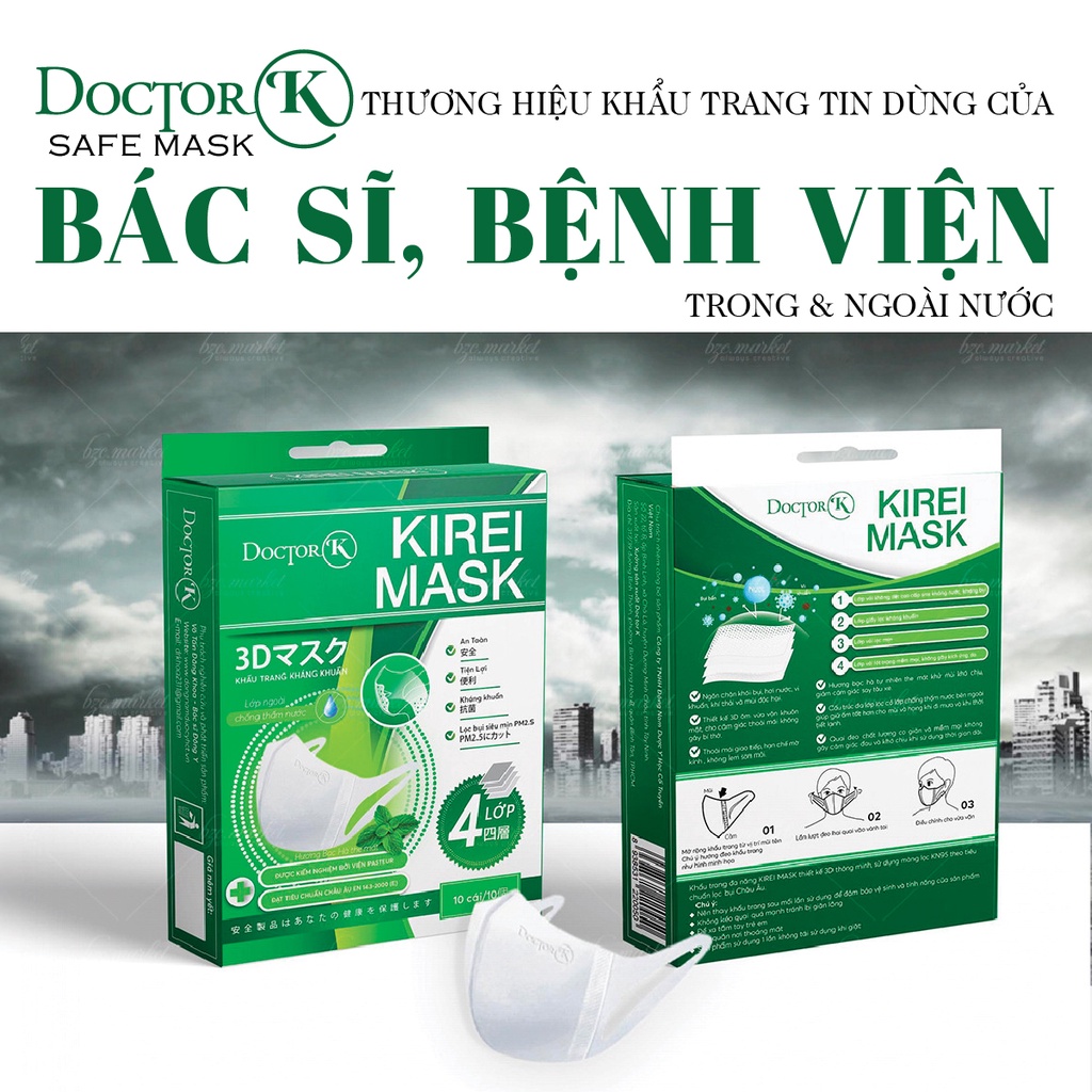 [ 4 LỚP, AN TOÀN, CHỐNG SAY XE, LỌC BỤI ]Khẩu trang 3D Premium mùi bạc hà tự nhiên  DOCTOR K 10 cái/ hộp