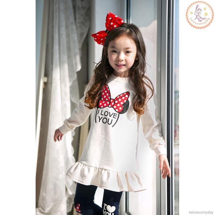 Set áo thun dài tay + quần dài in họa tiết hoạt hình dành cho bé gái 3-8 tuổi