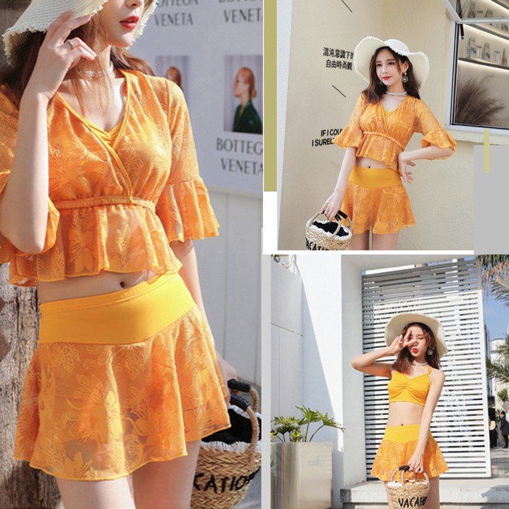 Bộ đồ bơi 3 mảnh bikini đẹp có đệm ngực gợi cảm với màu vàng cam nổi bậc 💖 | BigBuy360 - bigbuy360.vn