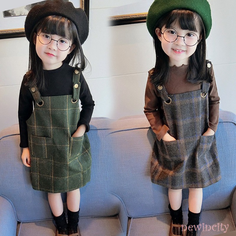 Korean Girls Dress Set Autumn Kids Long Sleeve Blouse + Strap Plaid Short Dress Casual Set