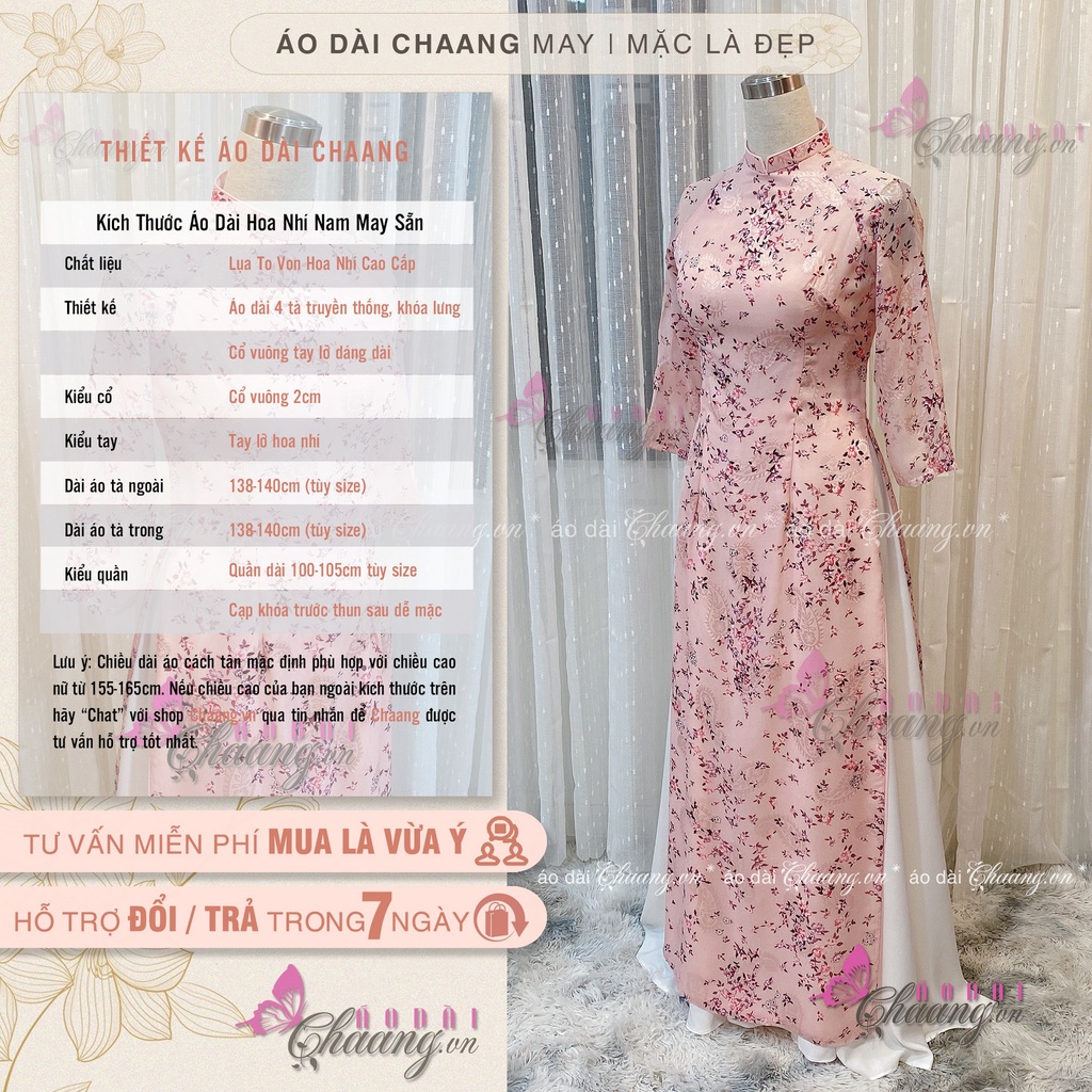 Áo Dài Hoa Nhí Hồng May Sẵn Áo Dài Truyền Thống Lụa Tơ Đẹp 2 Tà HT020