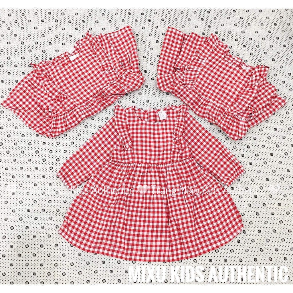 Váy cotton - Váy len công chúa dài tay cho bé gái kẻ caro hồng