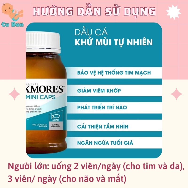 Dầu cá Blackmores Fish Oil Mini Caps Odourless không mùi 400 viên tốt cho sức khoẻ tim mạch trí não thị lực mọi lứa tuổi