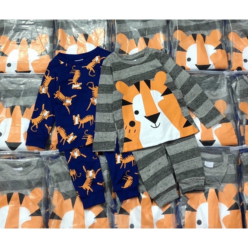 Set 2 bộ cotton dài tay cho bé trai kẻ hổ ghi xanh
