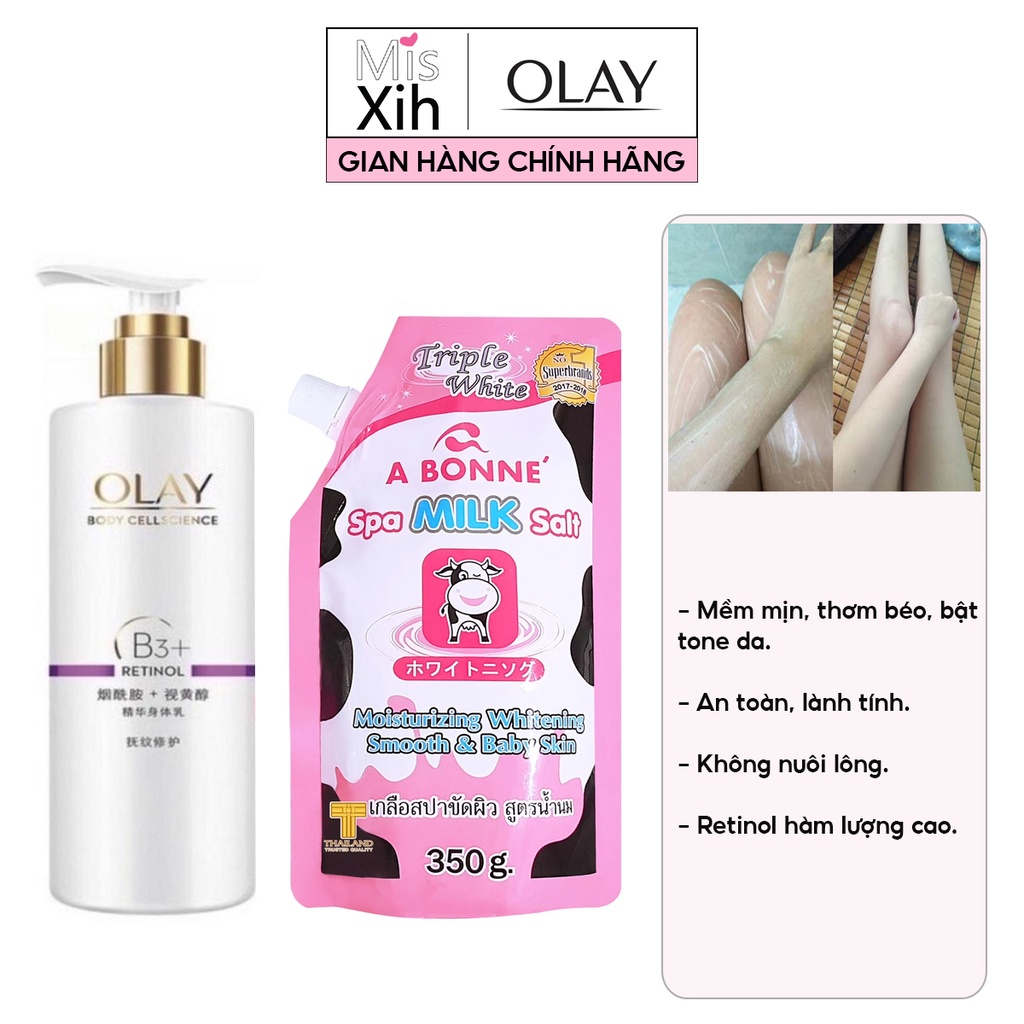 Olay retinol B3 dưỡng thể 65ml và Tẩy da chết muối bò Thái Lan - Combo dưỡng trắng da cơ thể - Miss Xinh