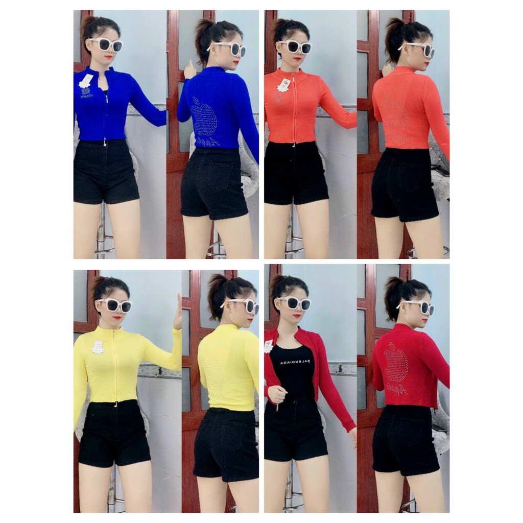 Áo khoác len croptop dây kéo đôi đính hạt