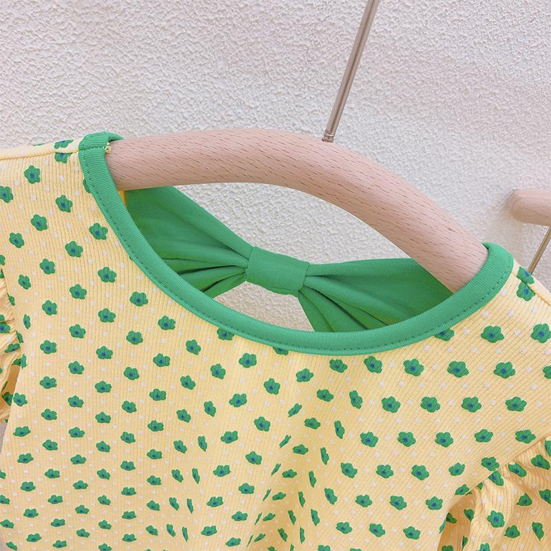 Áo Thun Tay Phồng Ngắn Thắt Nơ Lưng Màu Vàng Tương Phản Phong Cách Hàn Quốc Dành Cho Bé Gái