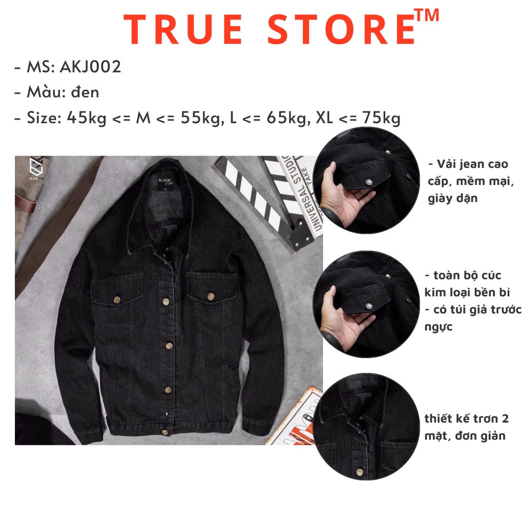 Áo khoác jean nam đen trơn không rách đơn giản, áo bò classic, True Store, AKJ005