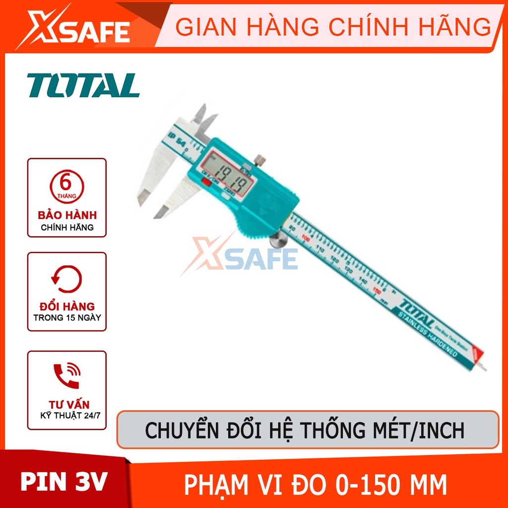 Thước kẹp điện tử TOTAL TMT321506 phạm vi đo 0-150mm, hợp kim thép không gỉ, hệ mét/inch, pin 3V - chính hãng