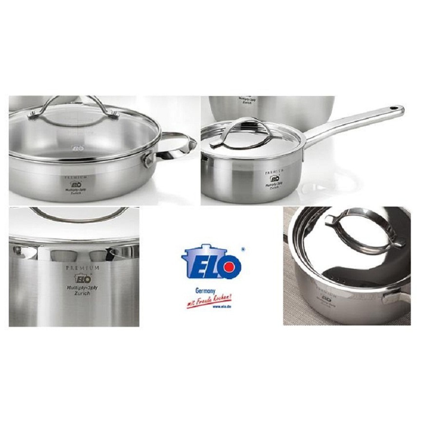 Bộ nồi đáy từ 3 lớp đáy liền inox 304 cao cấp ELO Zurich 5 chiếc nắp kính , tặng 1 xửng Fivestar 24cm