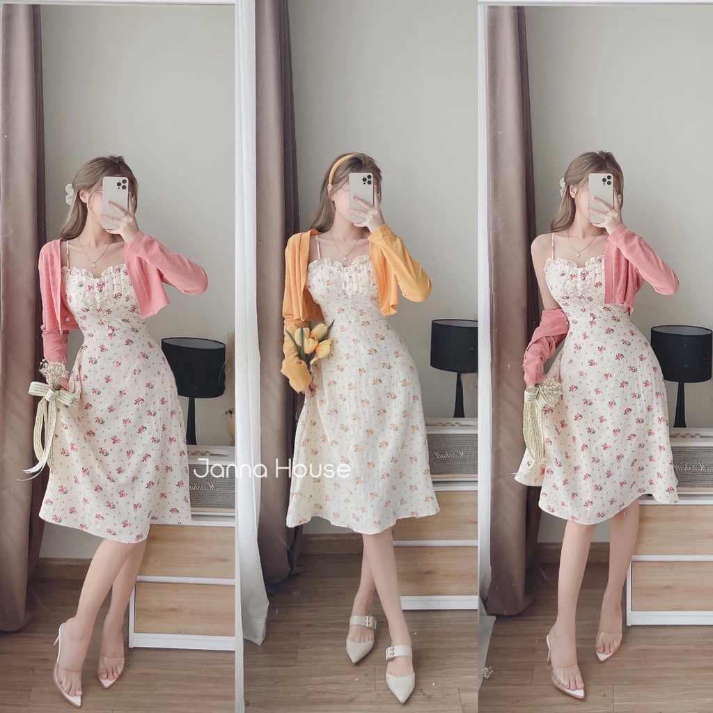 - Váy 2 dây + khoác tổ ong hoa nhí nữ tính chất lanh mát tiểu thư ulzzang - B10 - jannahouse