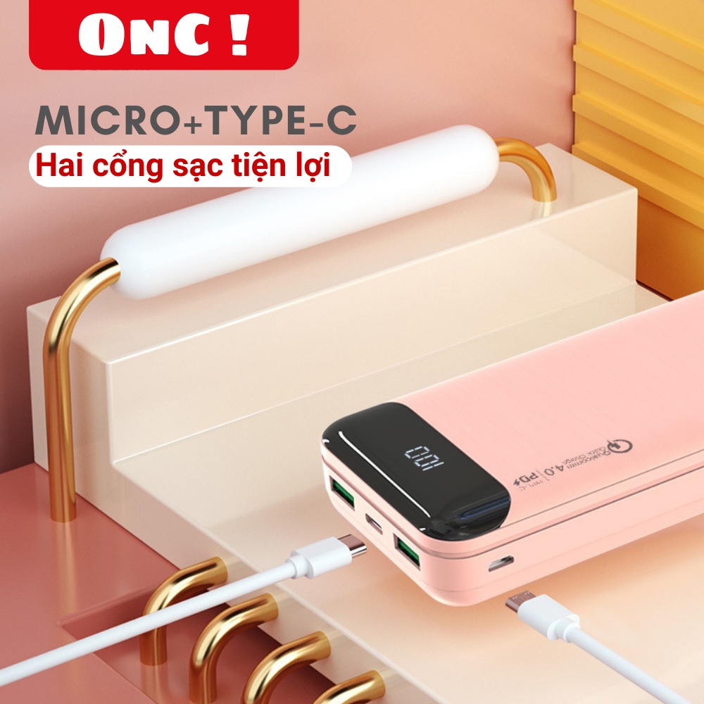 Sạc dự phòng 20000mAh, Sạc nhanh gấp 3 lần sạc thường PD - QC 3.0 18W  Hiển thị %Pin