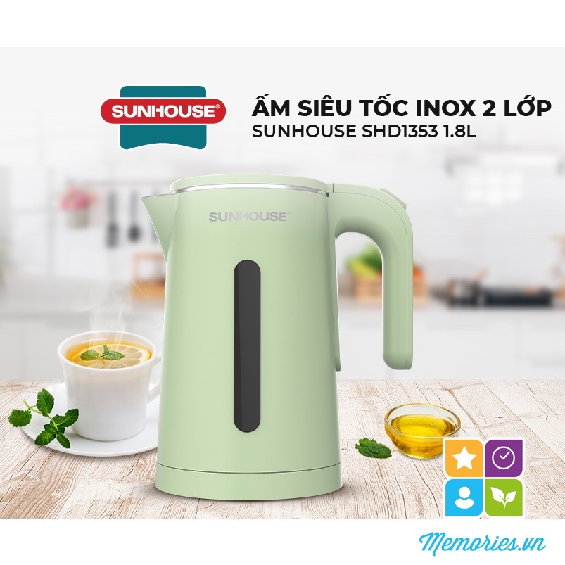 Ấm điện siêu tốc Sunhouse SHD1353 inox 2 lớp 1,8 lít  - Chính hãng chất lượng cao, giá tốt, gọn nhẹ phù hợp du lịch