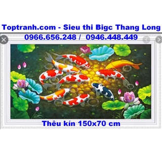 Tranh thêu kín cửu ngư cá chép hoa sen EDB183 chưa thêu, thêu kín