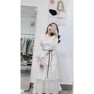 Váy thiết kế nữ bèo tầng tag nơ ngực lụa cát Hàn,Đầm thiết kế nữ bèo tầng tag nơ ngực lụa cát Hàn Daudoo 40-55kg QATE A9