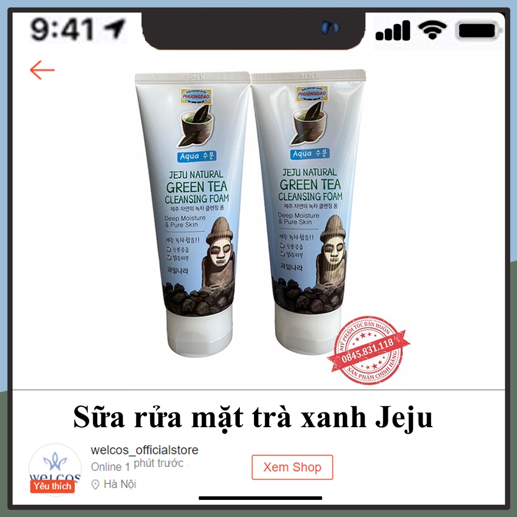 Sữa rửa mặt WELCOS trà xanh hàn quốc Jeju Green Tea Cleansing Foam cho da mụn không nhờn, làm mềm dưỡng ẩm SM05