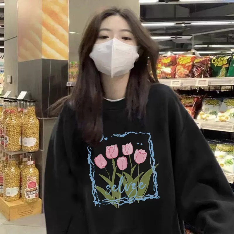 Áo sweater tay dài cổ tròn màu đen phong cách retro Mỹ dành cho nữ