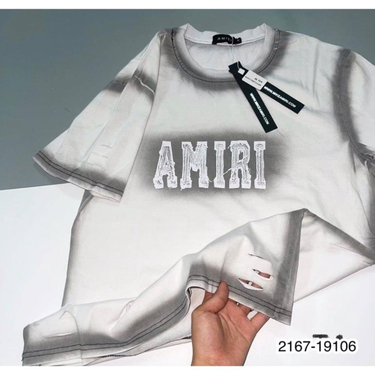 Áo phông nam thêu chữ AMIRI rách phun viền đen cao cấp, phông unisex 4MEN SHOP