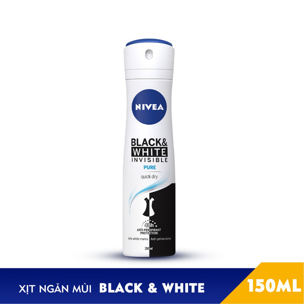 Xịt Ngăn Mùi Nivea Black &amp; White 5in1 Ngăn Vệt Ố Vàng Vượt Trội 150ml - 82230