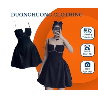 Váy  Đầm Nữ Thiết Kế,m Dự Tiệc Hai Dây Viền Đá Dáng Xòe Màu Đen Trên Gối