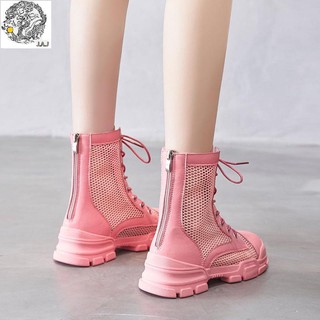 Giày Bốt Martin Đế Bằng Phối Lưới Thoáng Khí Màu Hồng Thời Trang Cá Tính