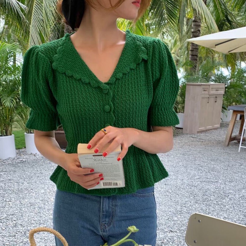 Áo Dệt Kim Tay Ngắn Phồng Phong Cách Hàn Quốc Thời Trang Cho Nữ