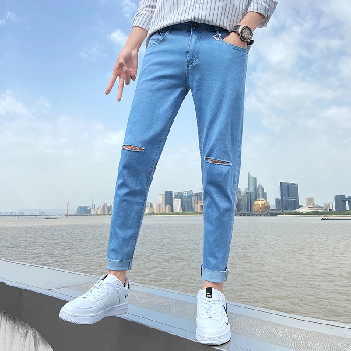 Quần jean nam rách gối dáng hàn quốc co dãn