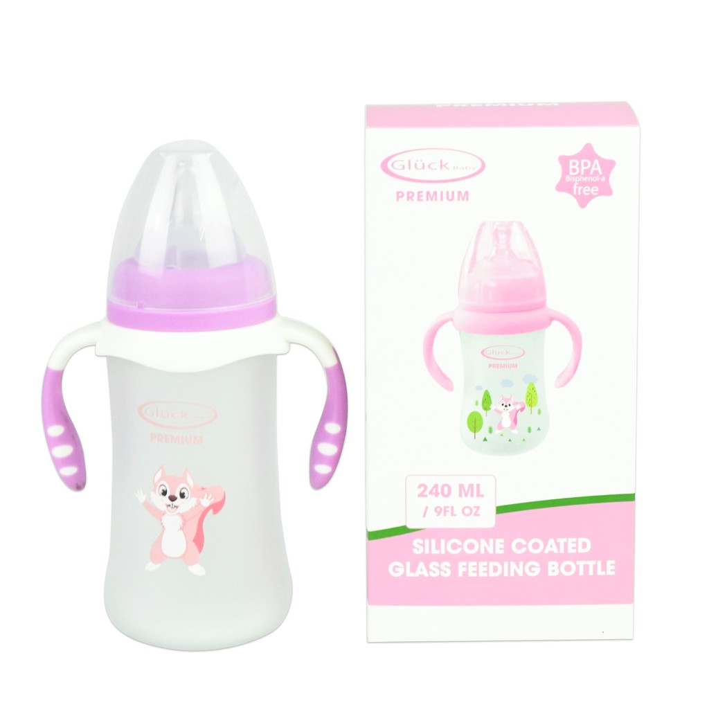 Bình thủy tinh bọc Silicon Gluck Baby 240ml màu hồng