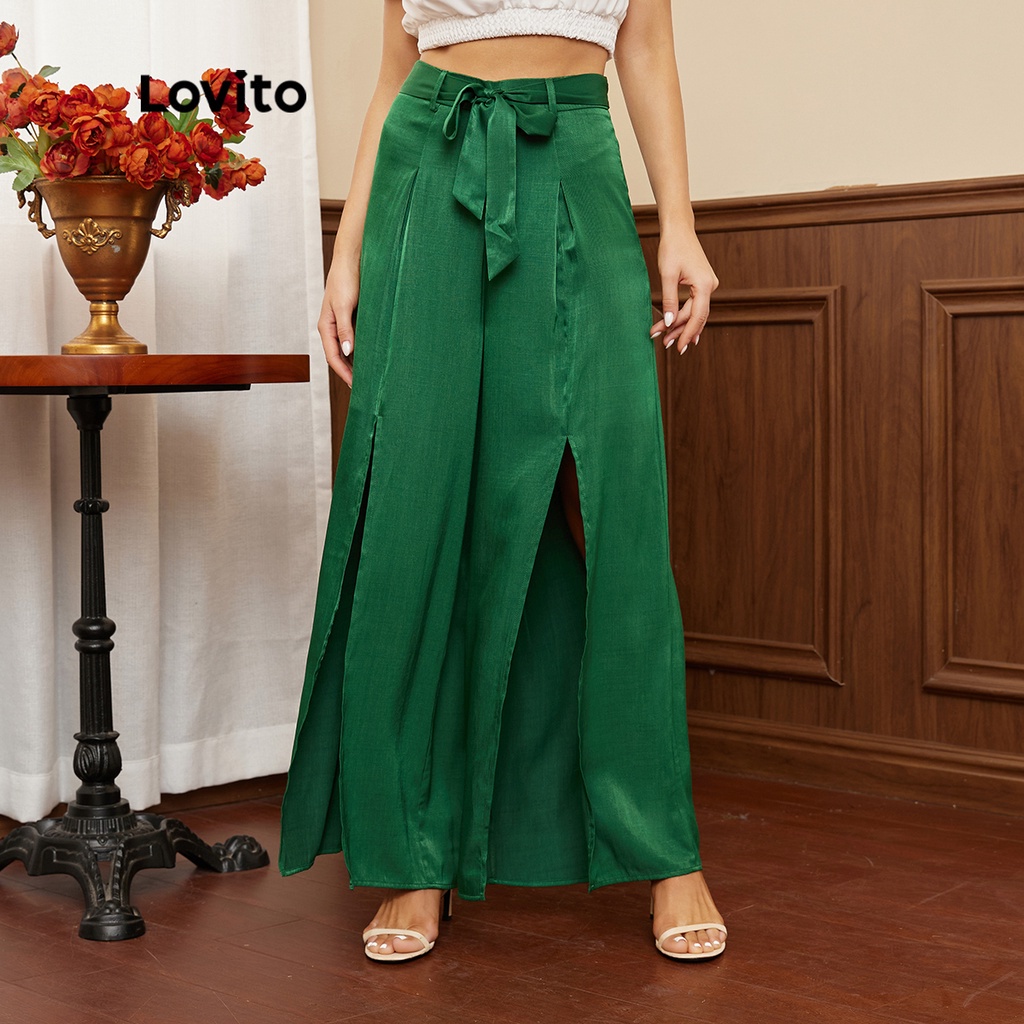 Quần Lovito ống rộng xẻ tà màu trơn có dây thắt lưng phong cách thanh lịch L17E031 màu xanh lá