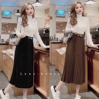 Chân váy xếp ly xòe midi Lyns dáng dài công sở Vintage Quảng Châu cạp chun - MS01