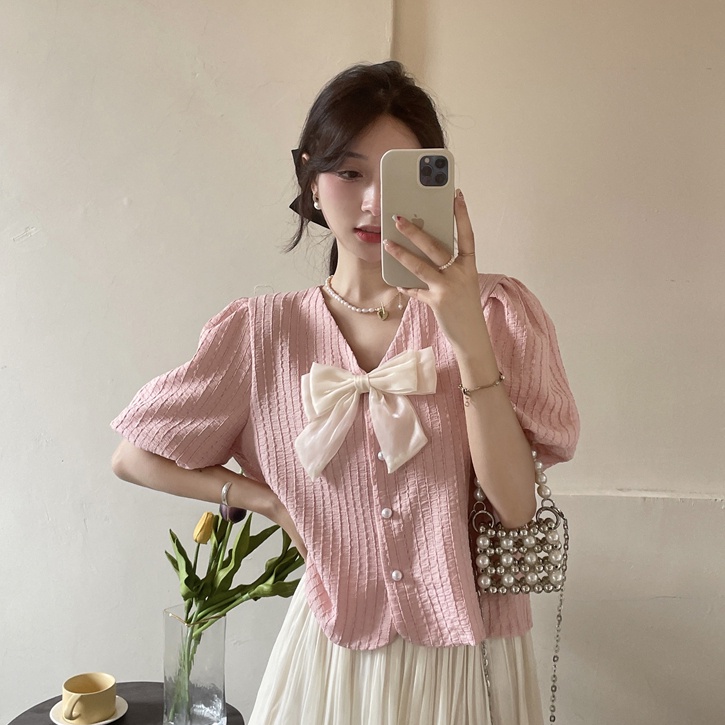 Áo Kiểu Tay Phồng Ngắn Phối Nơ Ngọt Ngào Phong Cách Hàn Quốc Thời Trang Cho Nữ