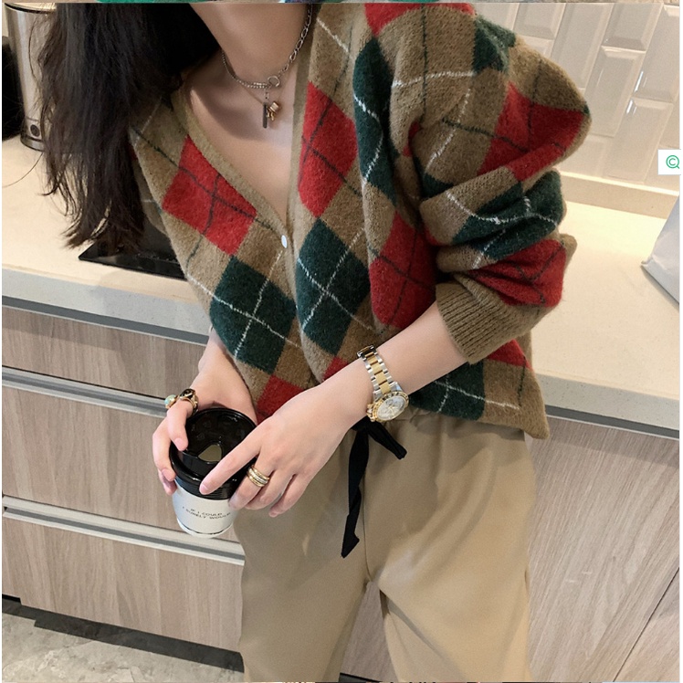 Áo khoác cardigan dài tay cổ chữ V dáng rộng phong cách Hàn Quốc