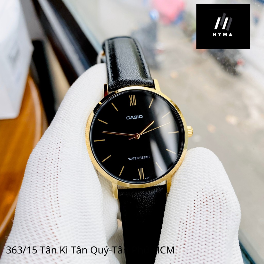 Đồng hồ nữ đẹp dây da viềng vàng Casio LTP VT01GL Mặt đen trắng Size 34mm chống nước 3ATM Bảo hành 1 năm Hyma watch