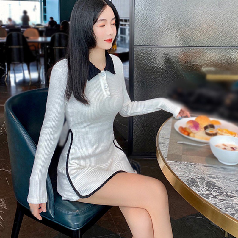 Đầm Ngắn Tay Dài Phối Màu Tương Phản Thiết Kế Đơn Giản Cho Nữ