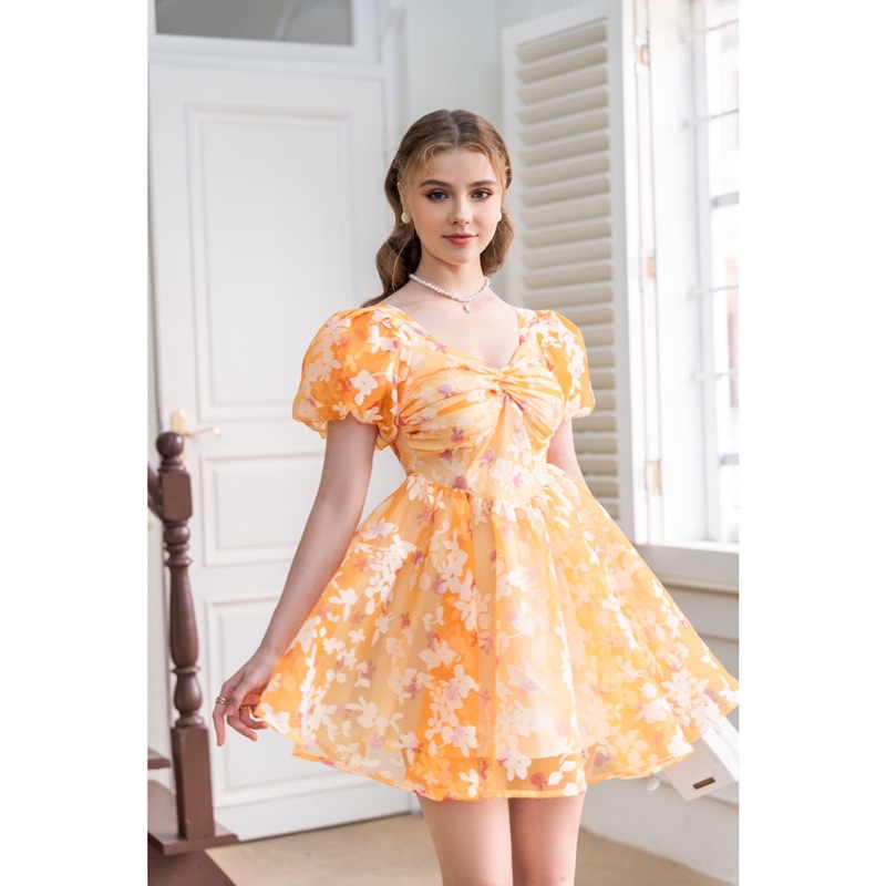 Đầm xinh dạo phố tay phồng hoa xinh xắn Rosabella dress màu cam hoa trắng