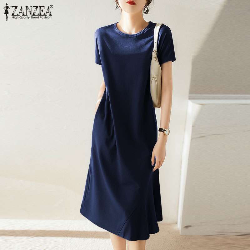 ZANZEA Đầm Midi Tay Ngắn Cổ Tròn Màu Trơn Thời Trang Cho Nữ