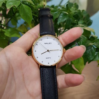 đồng hồ nữ, 😍Freeship Đơn250k⚡ [FLASHSALE] Đồng Hồ Đôi Nam Nữ Halei 002 Mặt Đá Dây Da Đen Chính Hãng  - Có Video thật