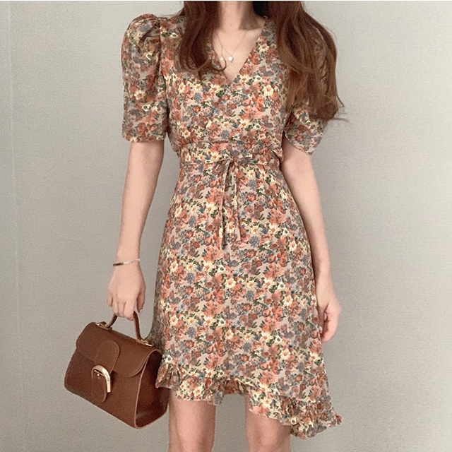 Đầm Hoa Tay Ngắn Cổ Chữ V Phong Cách Vintage  #QC78 #QC79