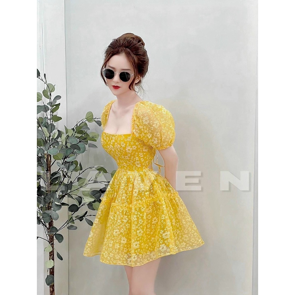 Đầm váy xòe nữ ren hoa cổ vuông tay phồng cột nơ lưng thời trang năng động trẻ trung
