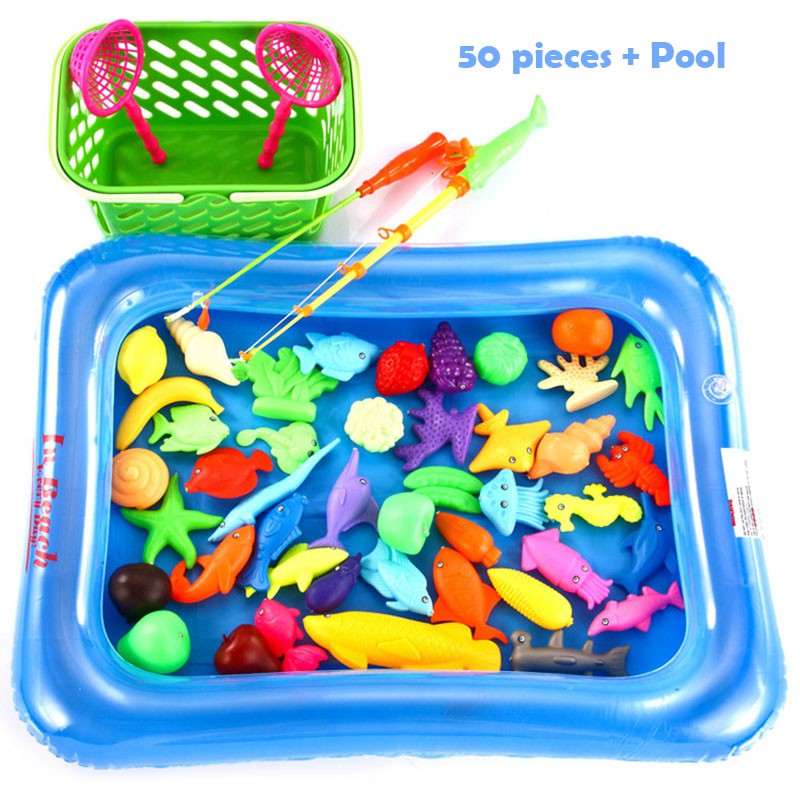 Bộ Bể Phao Cho Bé Câu Cá - Bộ đồ chơi câu cá nam châm cho bé kèm bơm tay