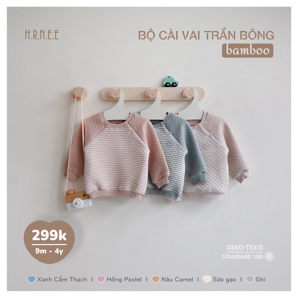 [CHÍNH HÃNG] Bộ quần áo dài tay cài vai trần bông sợi tre trẻ em Hrnee