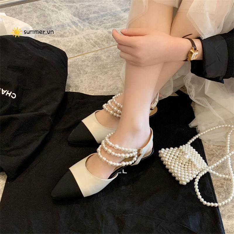 Giày Sandal Gót Dày Hở Ngón Đính Ngọc Trai Thanh Lịch Thời Trang Dành Cho Nữ 2022