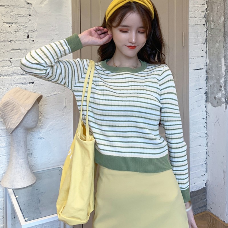 Áo Sweater Dệt Kim Tay Dài Hoạ Tiết Kẻ Sọc Màu Tương Phản Cho Nữ | BigBuy360 - bigbuy360.vn