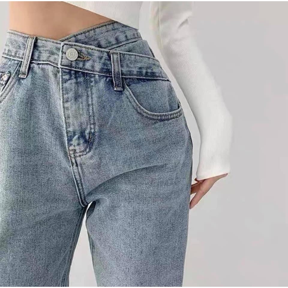 Quần Jean suông cạp lệch &lt;FREE SHIP&gt; Quần jean nữ hot trend