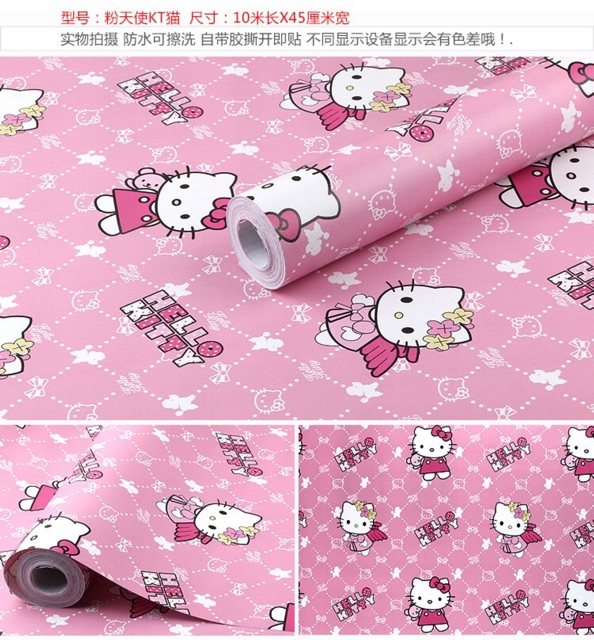 Giấy dán tường Hello kitty váy đỏ keo sẵn cuộn 10m x45 cm